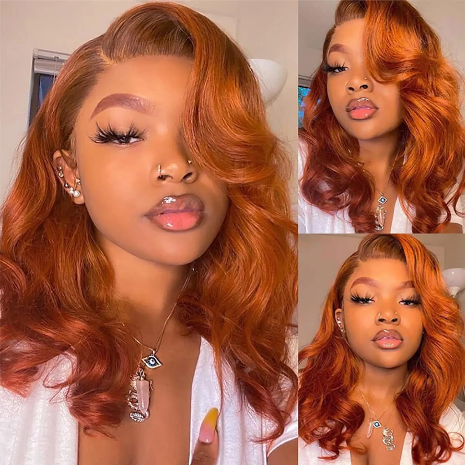 SOKU Ginger Body Wave Lace Front Wigs Pre Layered, 18 Inch Short Wavy Glueless Wigs Pre Plucked, 13x6 Orange Synthetic Lace Front Wig for Women, Ready to Wear Tiny Knots Wig for Beginners