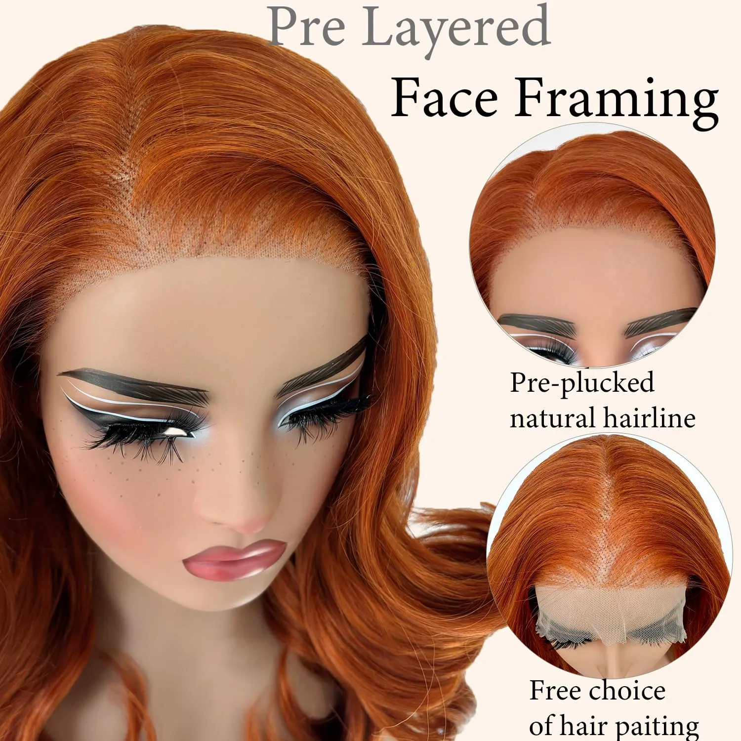 SOKU Ginger Body Wave Lace Front Wigs Pre Layered, 18 Inch Short Wavy Glueless Wigs Pre Plucked, 13x6 Orange Synthetic Lace Front Wig for Women, Ready to Wear Tiny Knots Wig for Beginners