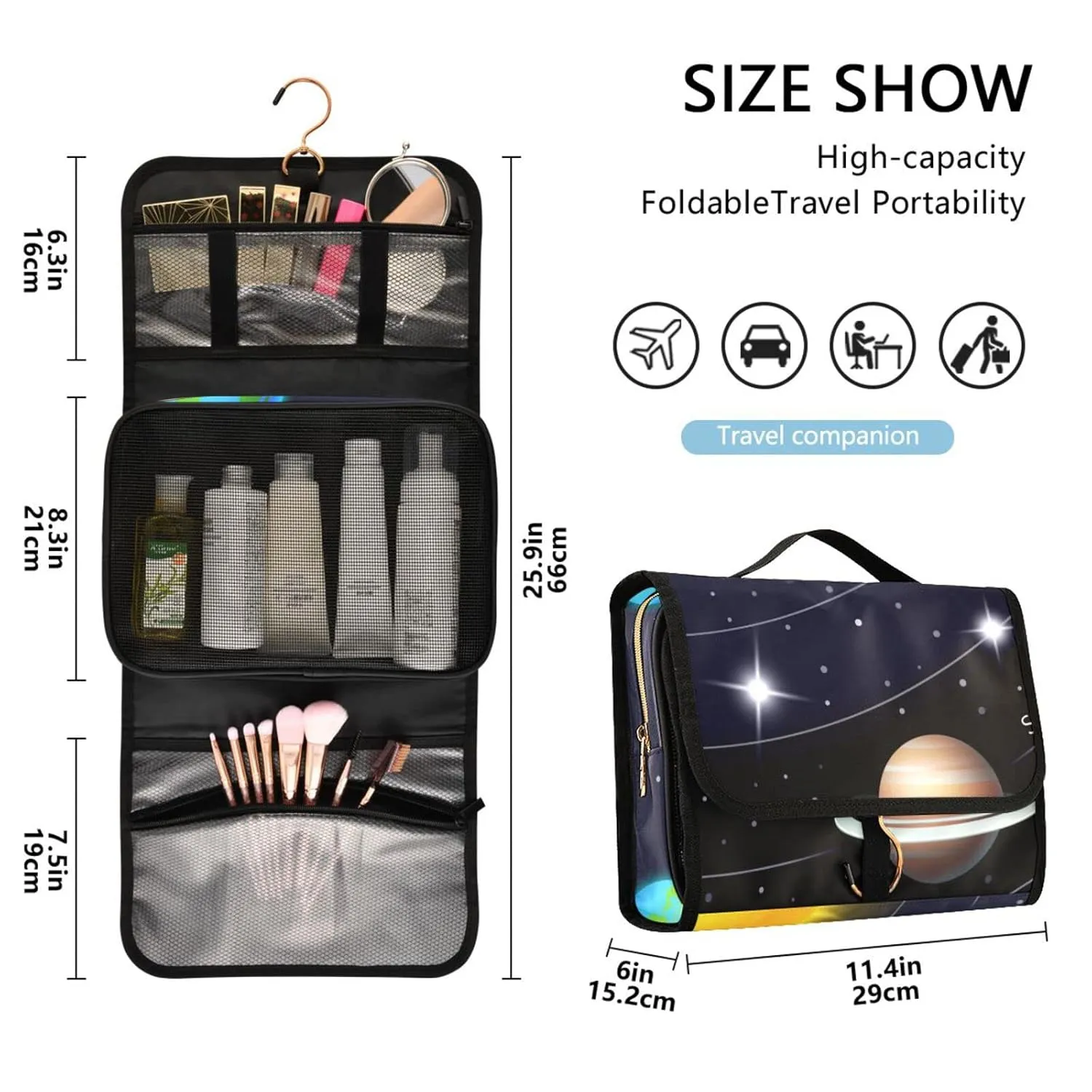 Solar System with the Sun Earth Mars Mercury Jupiter Saturn Uranus 1 PC Hanging Toiletry Wash bag Portable Makeup Organizer Brush Storage Case Portable Travel Cosmetic with Hook