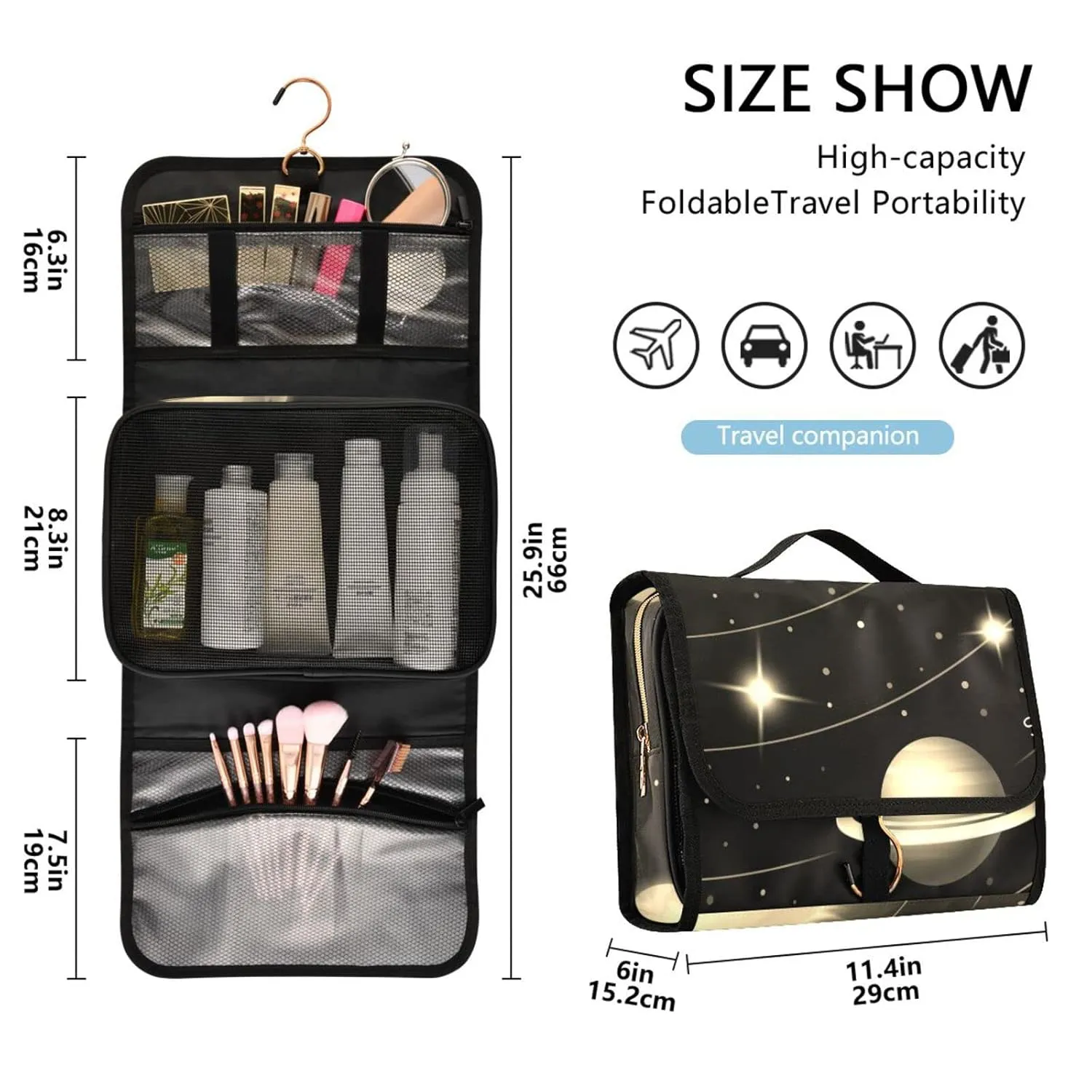 Solar System with the Sun Earth Mars Mercury Jupiter Saturn Uranus 1 PC Hanging Toiletry Wash bag Portable Makeup Organizer Brush Storage Case Portable Travel Cosmetic with Hook