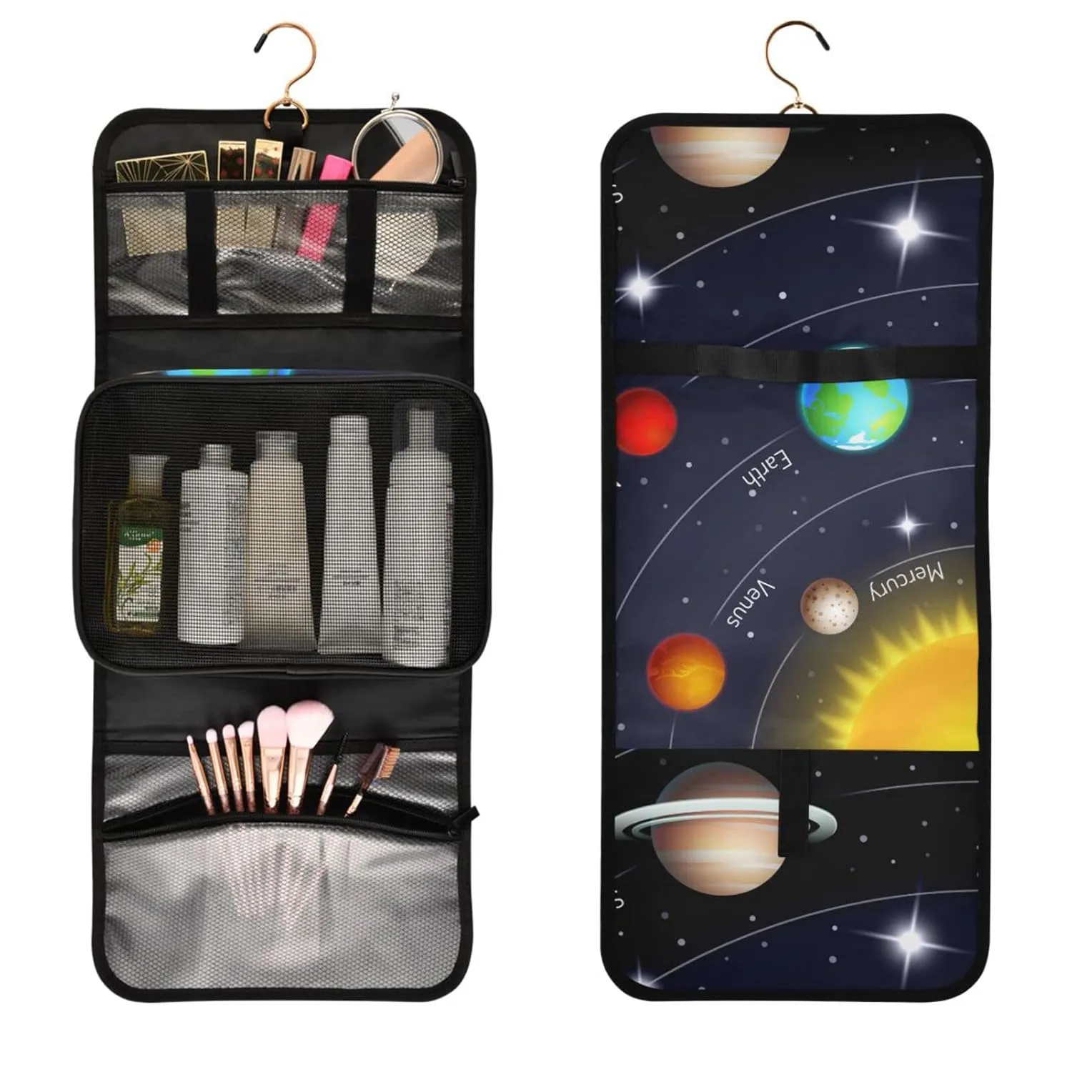 Solar System with the Sun Earth Mars Mercury Jupiter Saturn Uranus 1 PC Hanging Toiletry Wash bag Portable Makeup Organizer Brush Storage Case Portable Travel Cosmetic with Hook