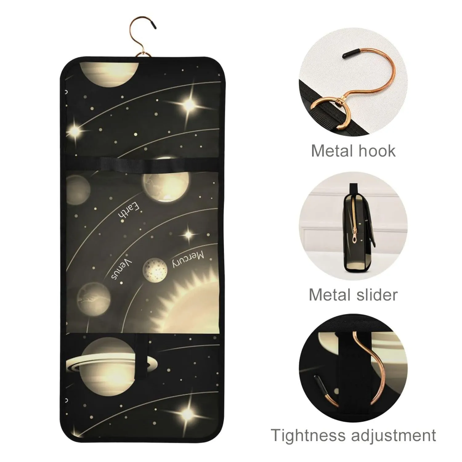Solar System with the Sun Earth Mars Mercury Jupiter Saturn Uranus 1 PC Hanging Toiletry Wash bag Portable Makeup Organizer Brush Storage Case Portable Travel Cosmetic with Hook