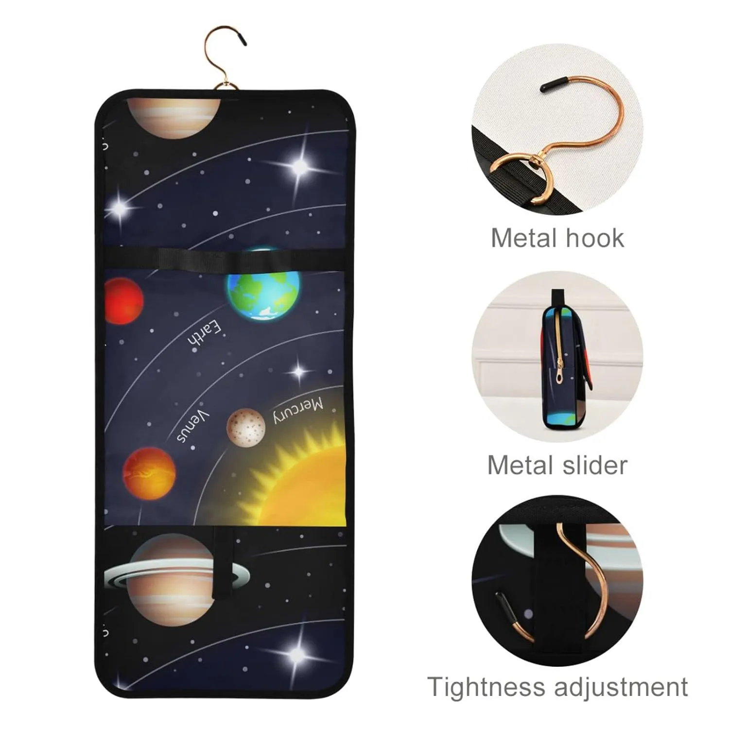 Solar System with the Sun Earth Mars Mercury Jupiter Saturn Uranus 1 PC Hanging Toiletry Wash bag Portable Makeup Organizer Brush Storage Case Portable Travel Cosmetic with Hook