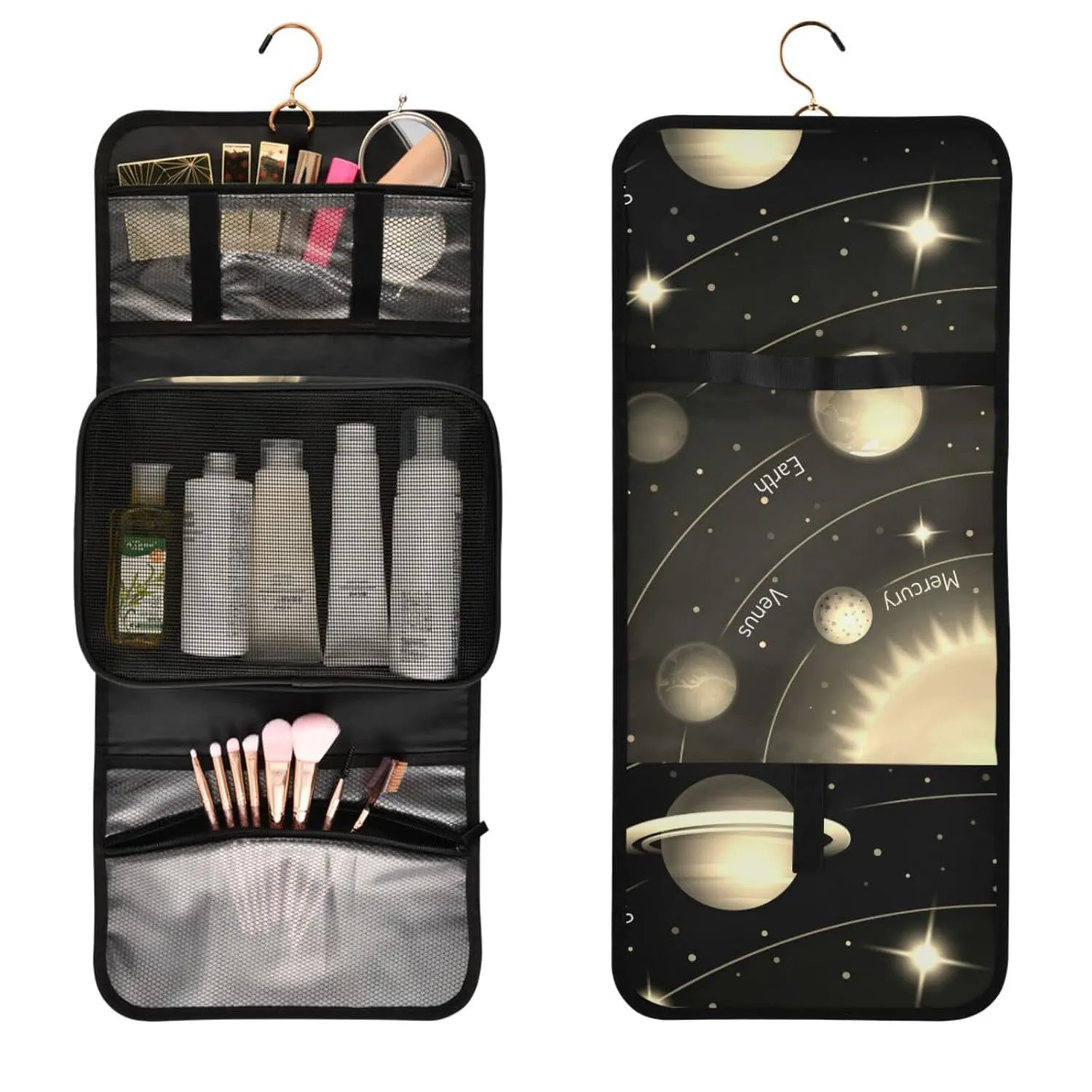 Solar System with the Sun Earth Mars Mercury Jupiter Saturn Uranus 1 PC Hanging Toiletry Wash bag Portable Makeup Organizer Brush Storage Case Portable Travel Cosmetic with Hook