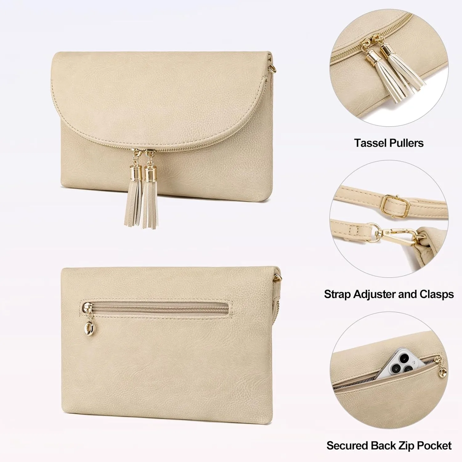 Solene Womens Envelop Clutch Purse Multi Compartments, 6 Card Slot Inside, Crossbody Bag With Tassels
