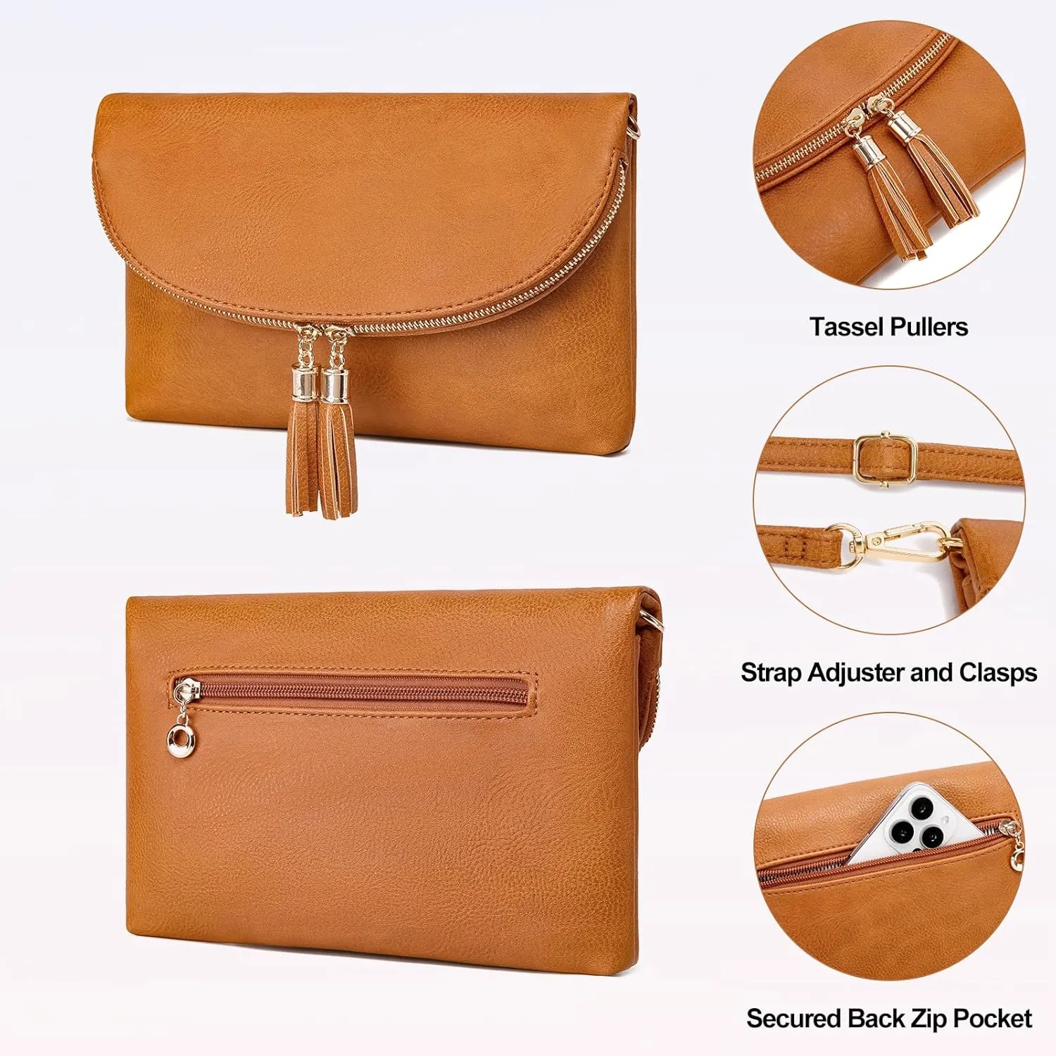 Solene Womens Envelop Clutch Purse Multi Compartments, 6 Card Slot Inside, Crossbody Bag With Tassels