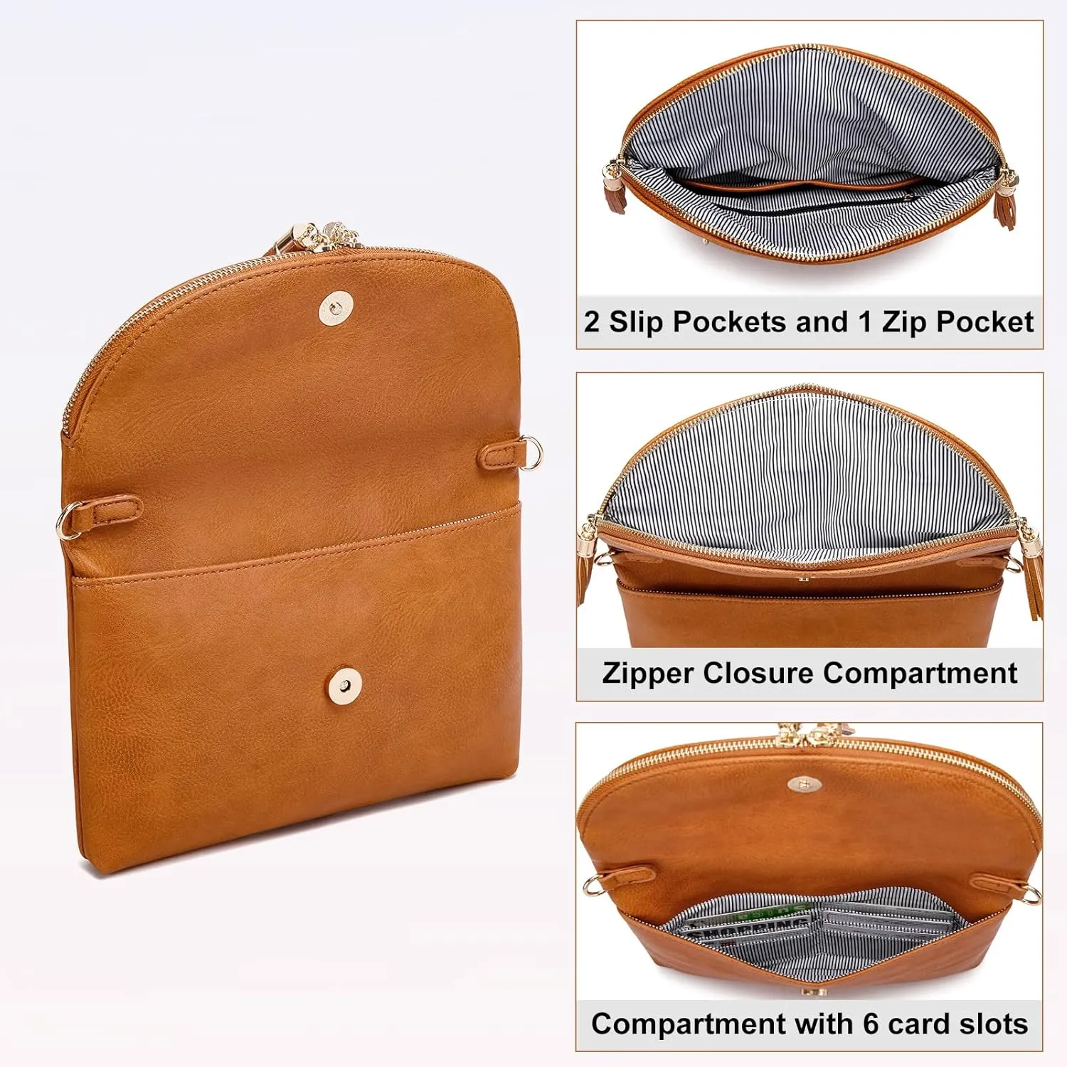Solene Womens Envelop Clutch Purse Multi Compartments, 6 Card Slot Inside, Crossbody Bag With Tassels