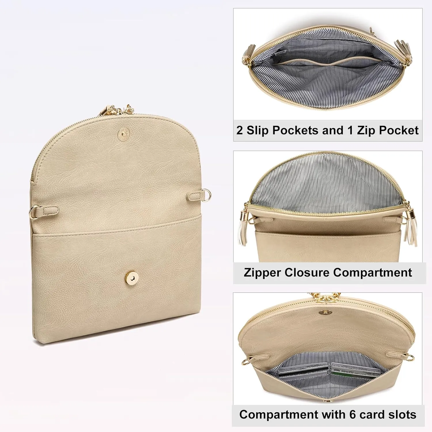 Solene Womens Envelop Clutch Purse Multi Compartments, 6 Card Slot Inside, Crossbody Bag With Tassels