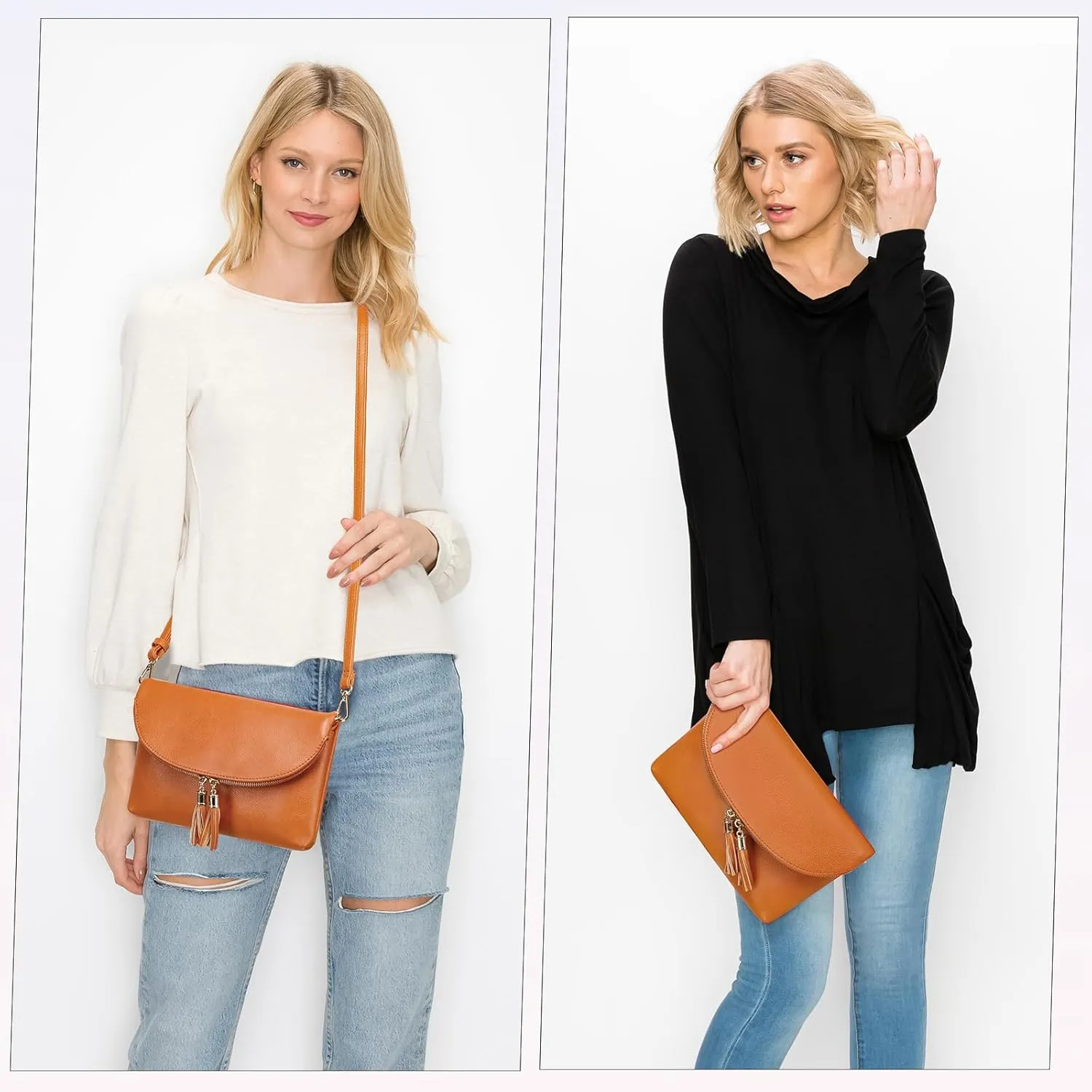 Solene Womens Envelop Clutch Purse Multi Compartments, 6 Card Slot Inside, Crossbody Bag With Tassels