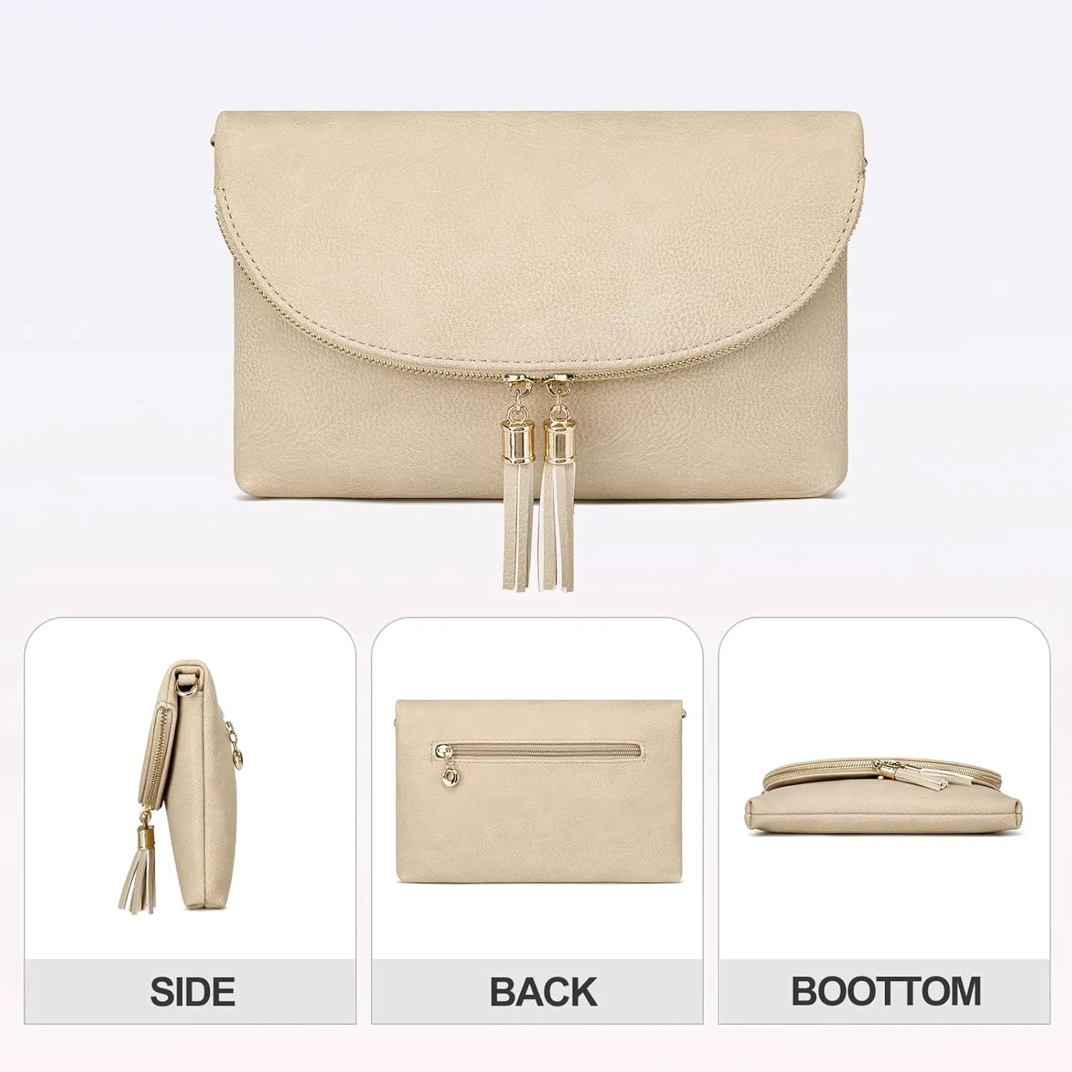 Solene Womens Envelop Clutch Purse Multi Compartments, 6 Card Slot Inside, Crossbody Bag With Tassels