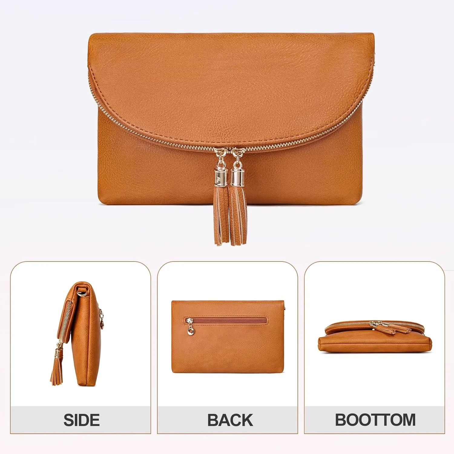 Solene Womens Envelop Clutch Purse Multi Compartments, 6 Card Slot Inside, Crossbody Bag With Tassels