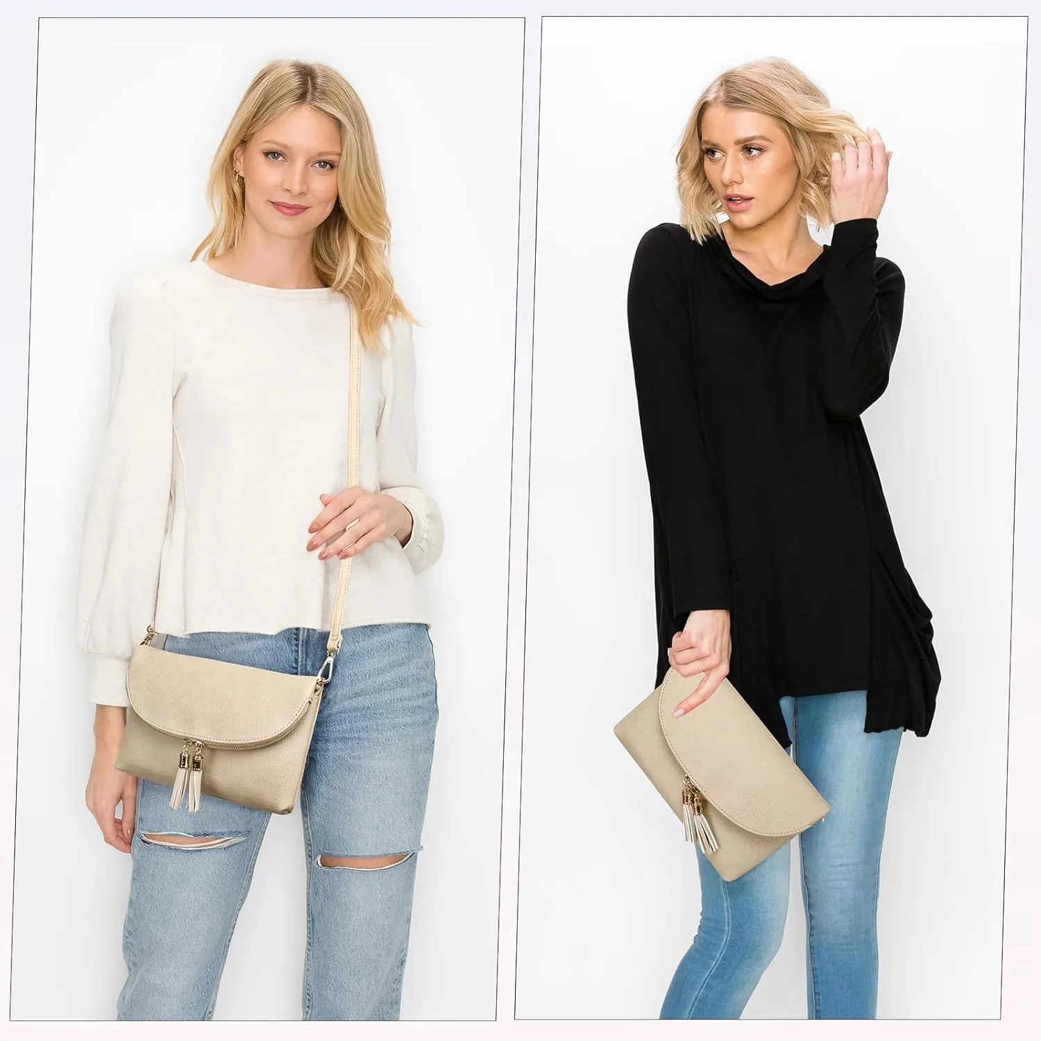 Solene Womens Envelop Clutch Purse Multi Compartments, 6 Card Slot Inside, Crossbody Bag With Tassels