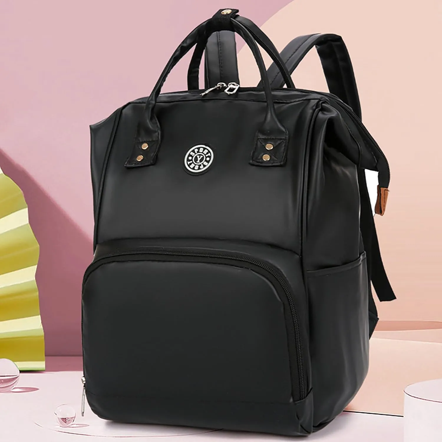 Solid Color Artificial Leather Diaper Bag Backpack with Insulated Pockets Mama Baby Anti-theft Travel Bag (Black)