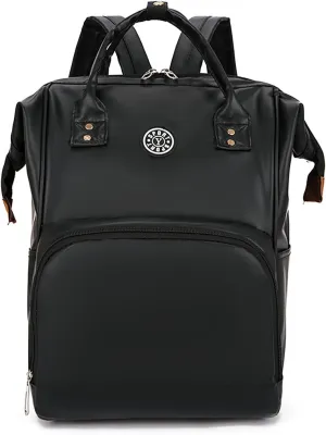 Solid Color Artificial Leather Diaper Bag Backpack with Insulated Pockets Mama Baby Anti-theft Travel Bag (Black)