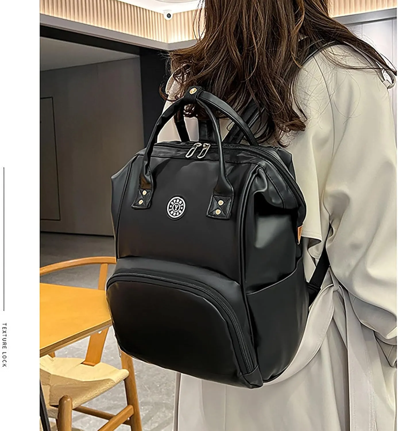 Solid Color Artificial Leather Diaper Bag Backpack with Insulated Pockets Mama Baby Anti-theft Travel Bag (Black)