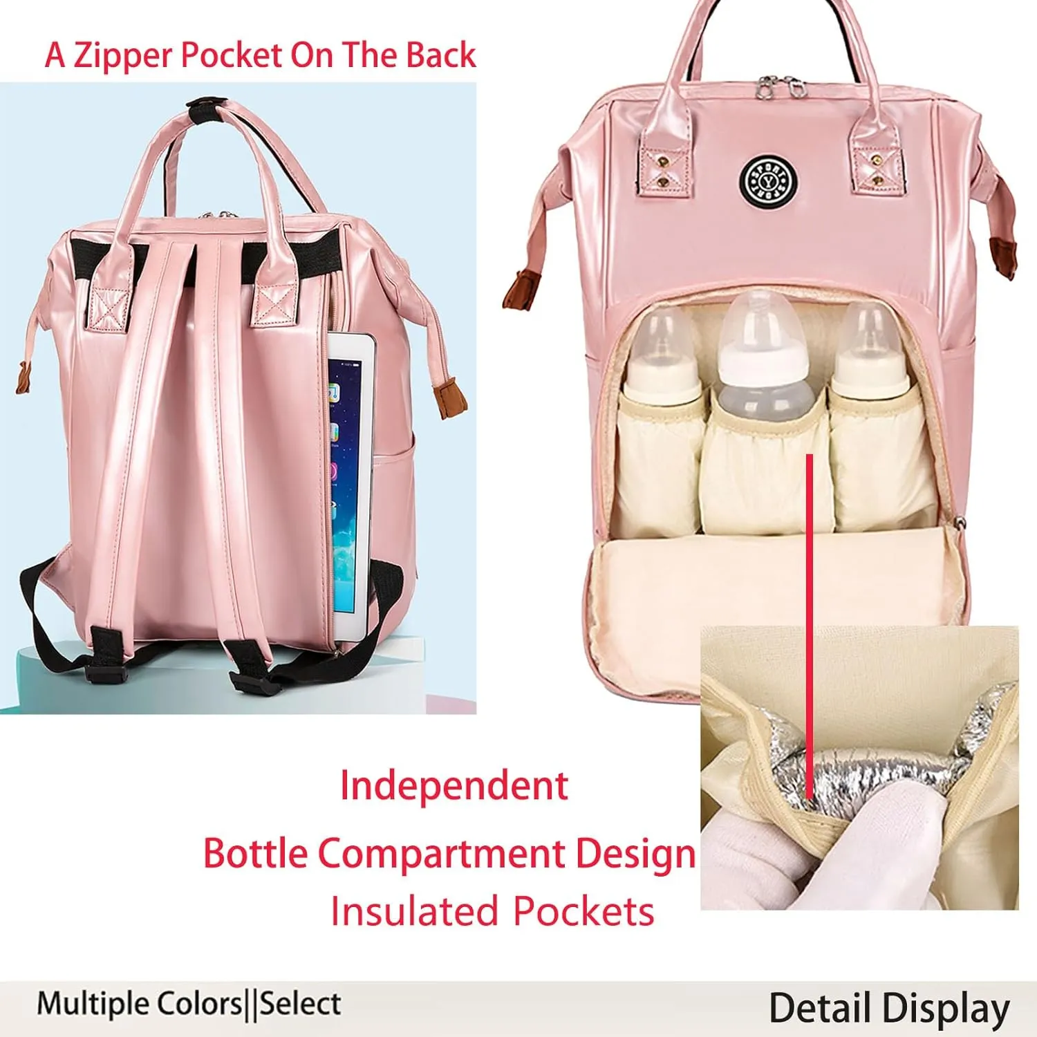 Solid Color Artificial Leather Diaper Bag Backpack with Insulated Pockets Mama Baby Anti-theft Travel Bag (Black)