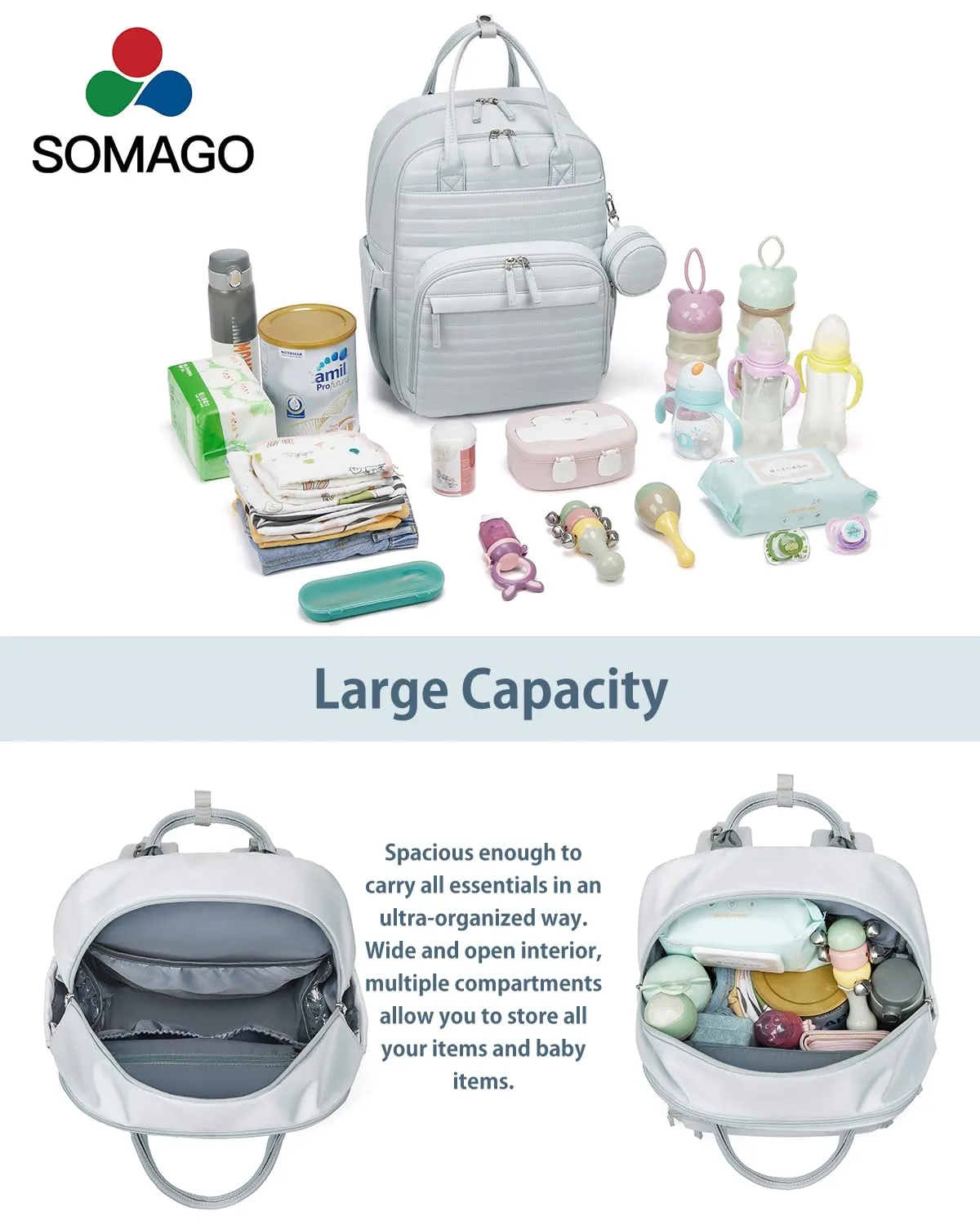 Somago Baby Diaper Backpack Multifunction Travel Essentials Baby Bag backpack for Baby Boys Girls with Changing pad Stroller Straps Pacifier Case Insulated Pockets(Bluish Grey)