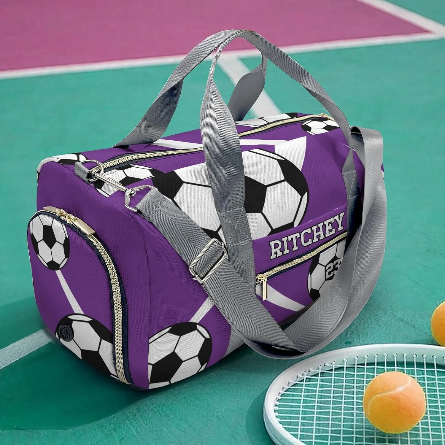 Sport Soccer Team Purple Personalized Duffel Bag Custom Women Men Multi-Function Travel Bag Gym Sports Bag Gymnastic Yoga Bag Carry On Overnight Weekend Duffel Bags