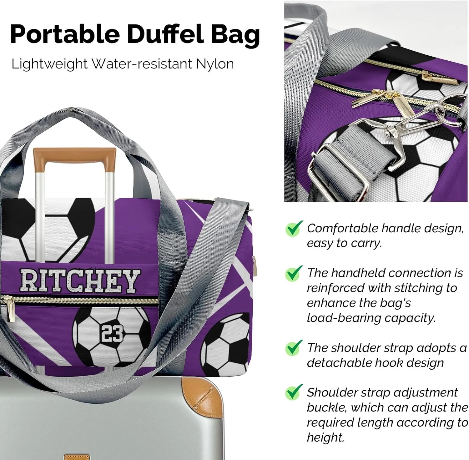 Sport Soccer Team Purple Personalized Duffel Bag Custom Women Men Multi-Function Travel Bag Gym Sports Bag Gymnastic Yoga Bag Carry On Overnight Weekend Duffel Bags