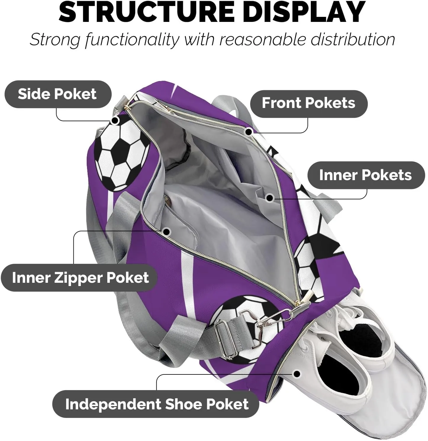 Sport Soccer Team Purple Personalized Duffel Bag Custom Women Men Multi-Function Travel Bag Gym Sports Bag Gymnastic Yoga Bag Carry On Overnight Weekend Duffel Bags