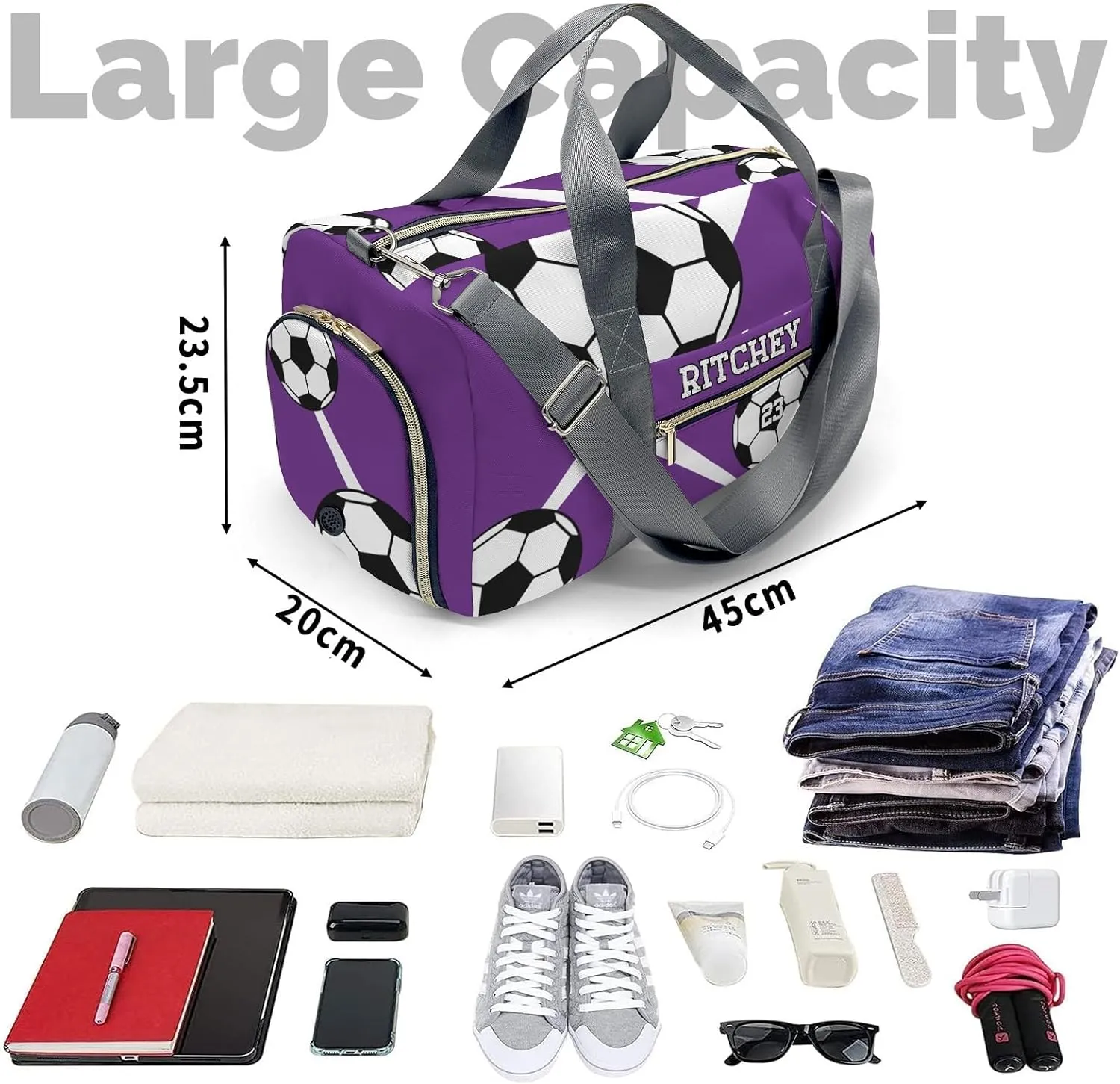 Sport Soccer Team Purple Personalized Duffel Bag Custom Women Men Multi-Function Travel Bag Gym Sports Bag Gymnastic Yoga Bag Carry On Overnight Weekend Duffel Bags