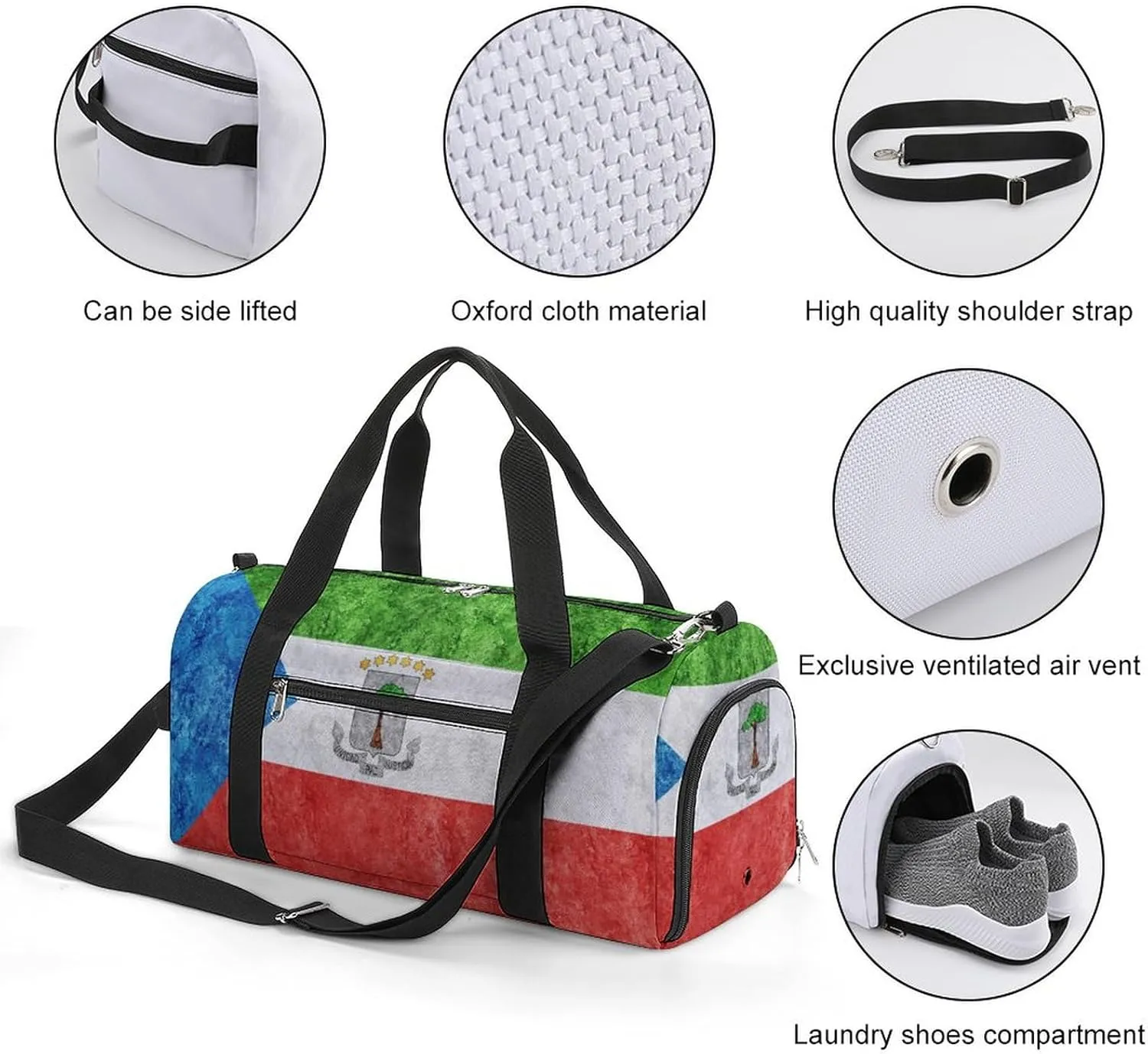 Sports Duffel Bag with Equatorial Guinea Flag Textured Shoe Compartment Waterproof for Travel Gym