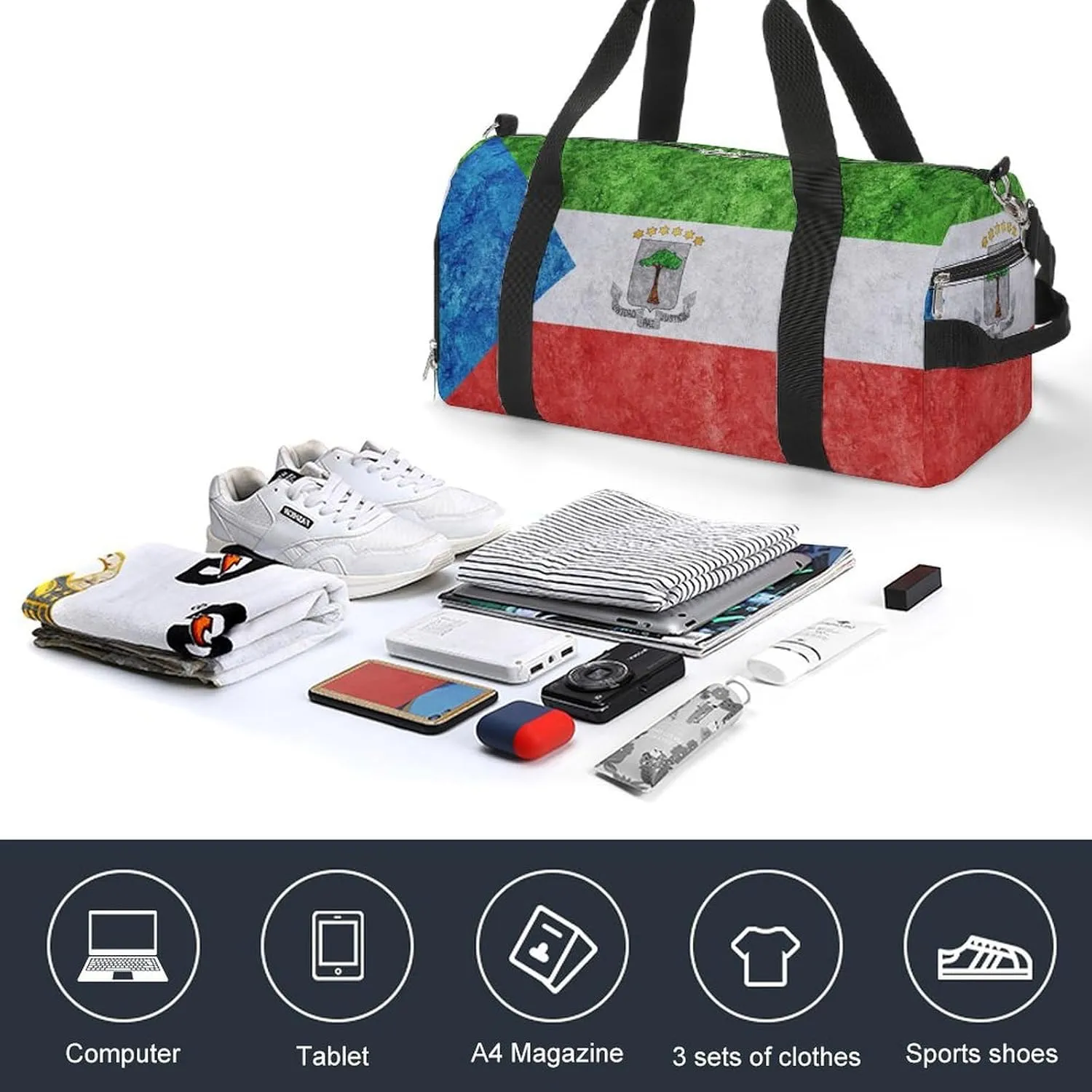 Sports Duffel Bag with Equatorial Guinea Flag Textured Shoe Compartment Waterproof for Travel Gym