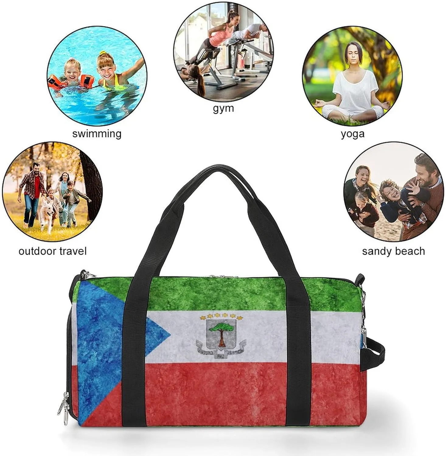 Sports Duffel Bag with Equatorial Guinea Flag Textured Shoe Compartment Waterproof for Travel Gym