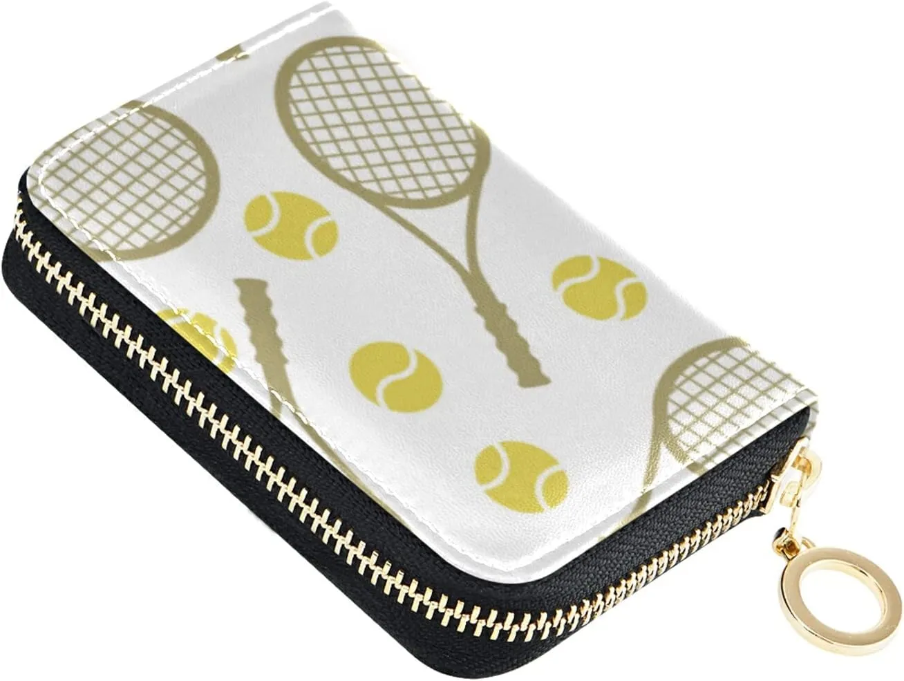 Sports Seamless Tennis Balls and Tennis Rackets on White Grey Credit Card Coin wallet, RFID Blocking Compact Women Leather Card Holder, Key Change Organizer, Zipper Purse Clutch Pouch