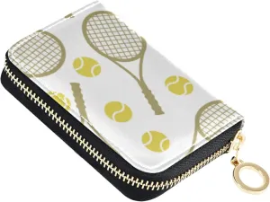 Sports Seamless Tennis Balls and Tennis Rackets on White Grey Credit Card Coin wallet, RFID Blocking Compact Women Leather Card Holder, Key Change Organizer, Zipper Purse Clutch Pouch