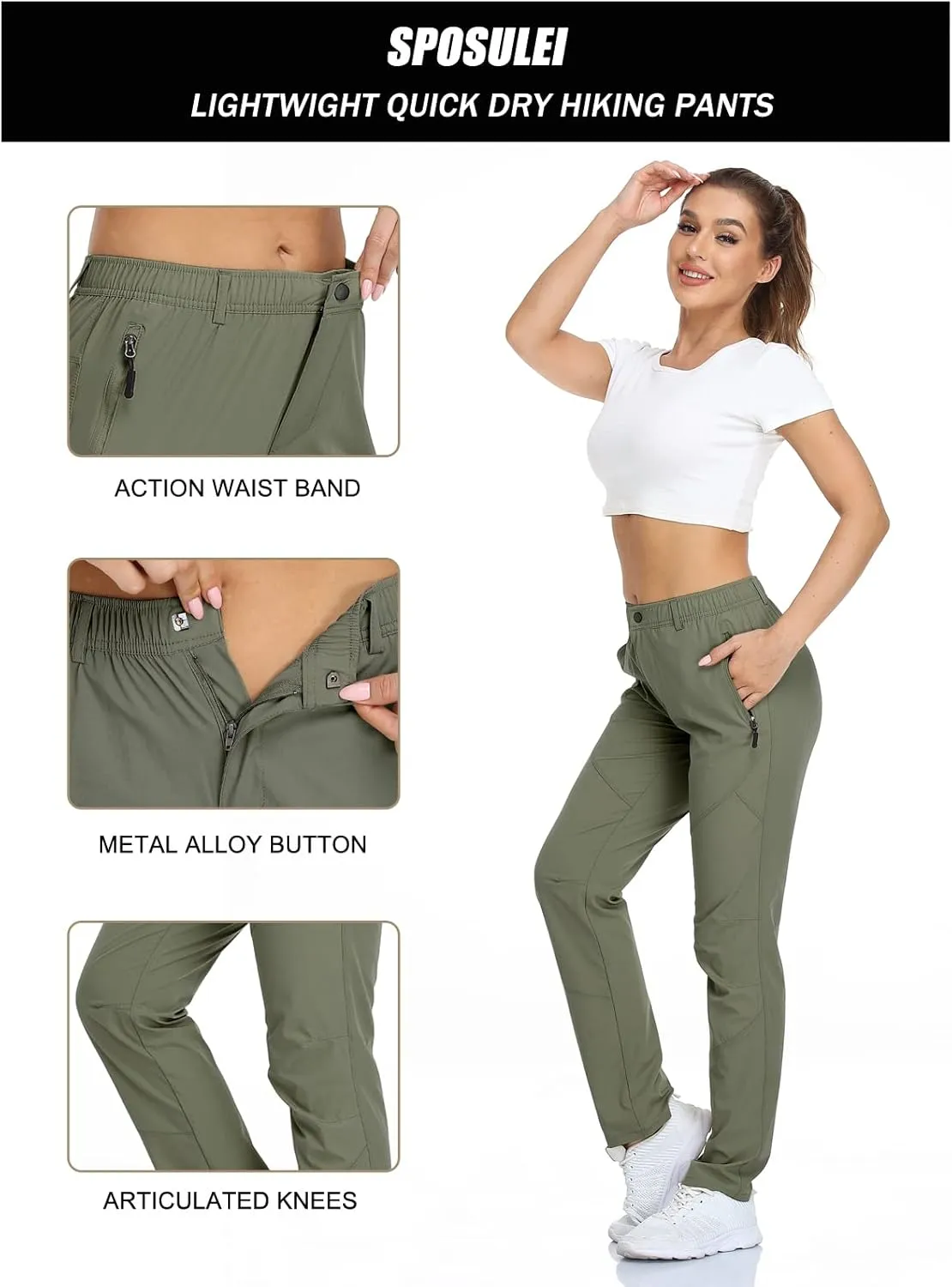 SPOSULEI Womens Summer Lightweight Pants Outdoor Nylon Quick Dry Travel Golf Hiking Sweatpants with Zipper Pockets
