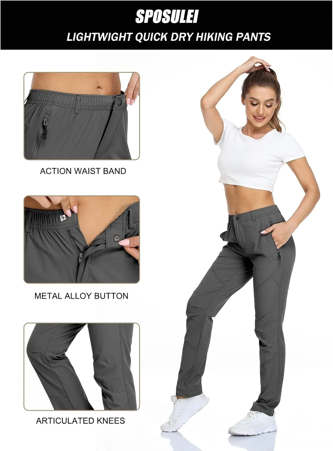 SPOSULEI Womens Summer Lightweight Pants Outdoor Nylon Quick Dry Travel Golf Hiking Sweatpants with Zipper Pockets