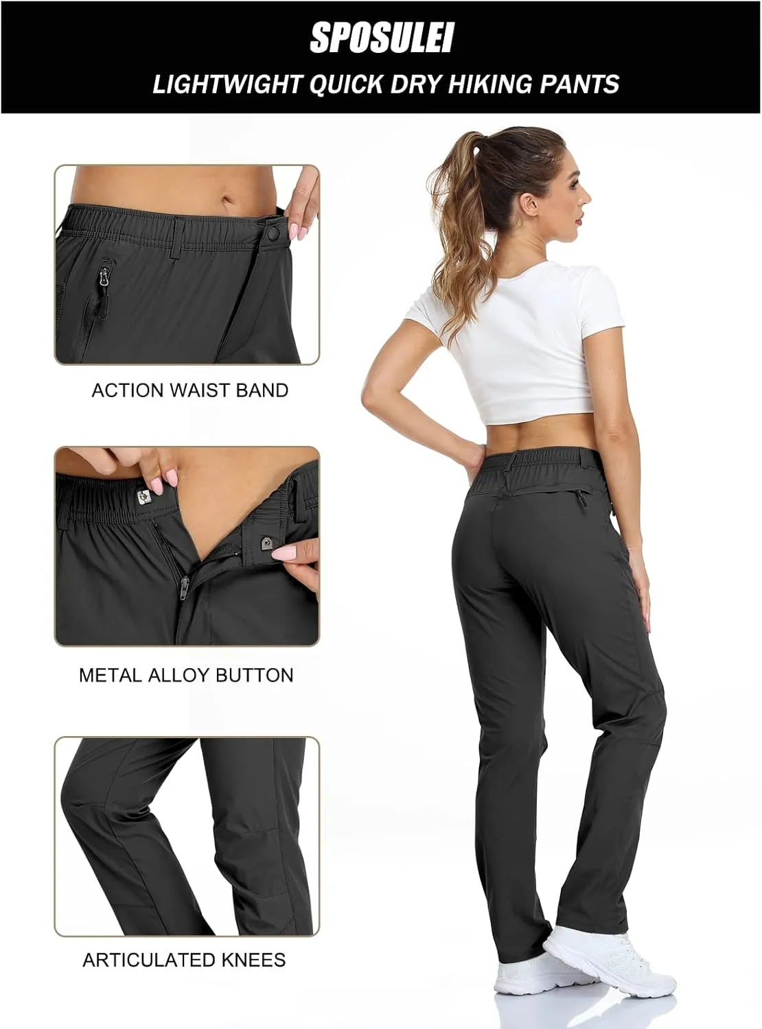 SPOSULEI Womens Summer Lightweight Pants Outdoor Nylon Quick Dry Travel Golf Hiking Sweatpants with Zipper Pockets
