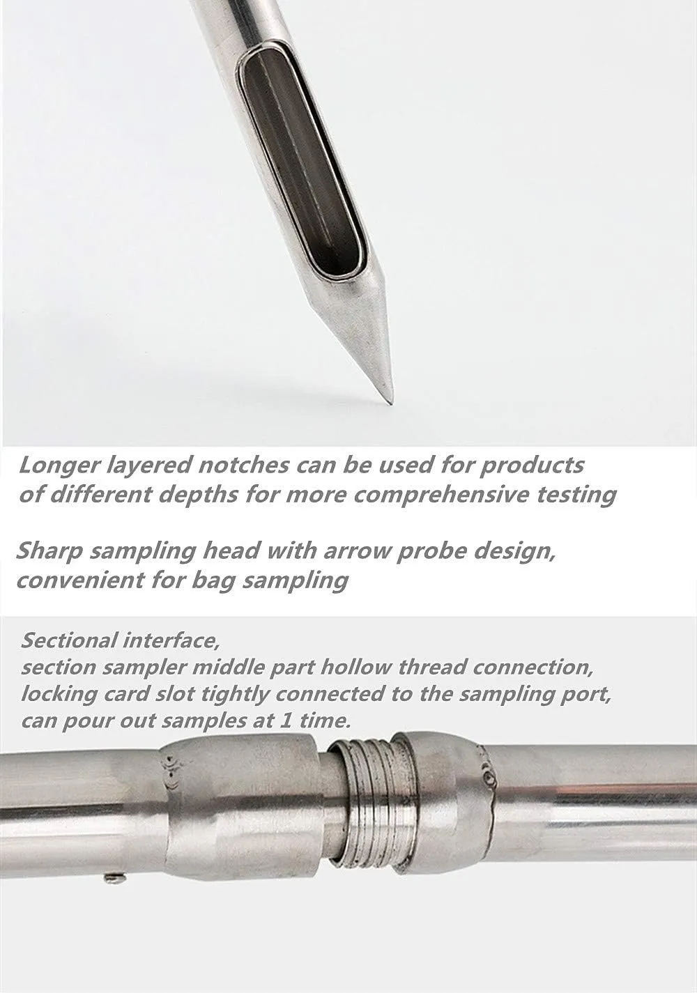 Stainless Steel Grains Sampler Probe Rotary Handle Granule Solid Sack Bag Sampling Thief Double Tubes 3 Slots(38mmx 2.5m/1.5X 98.4inch)