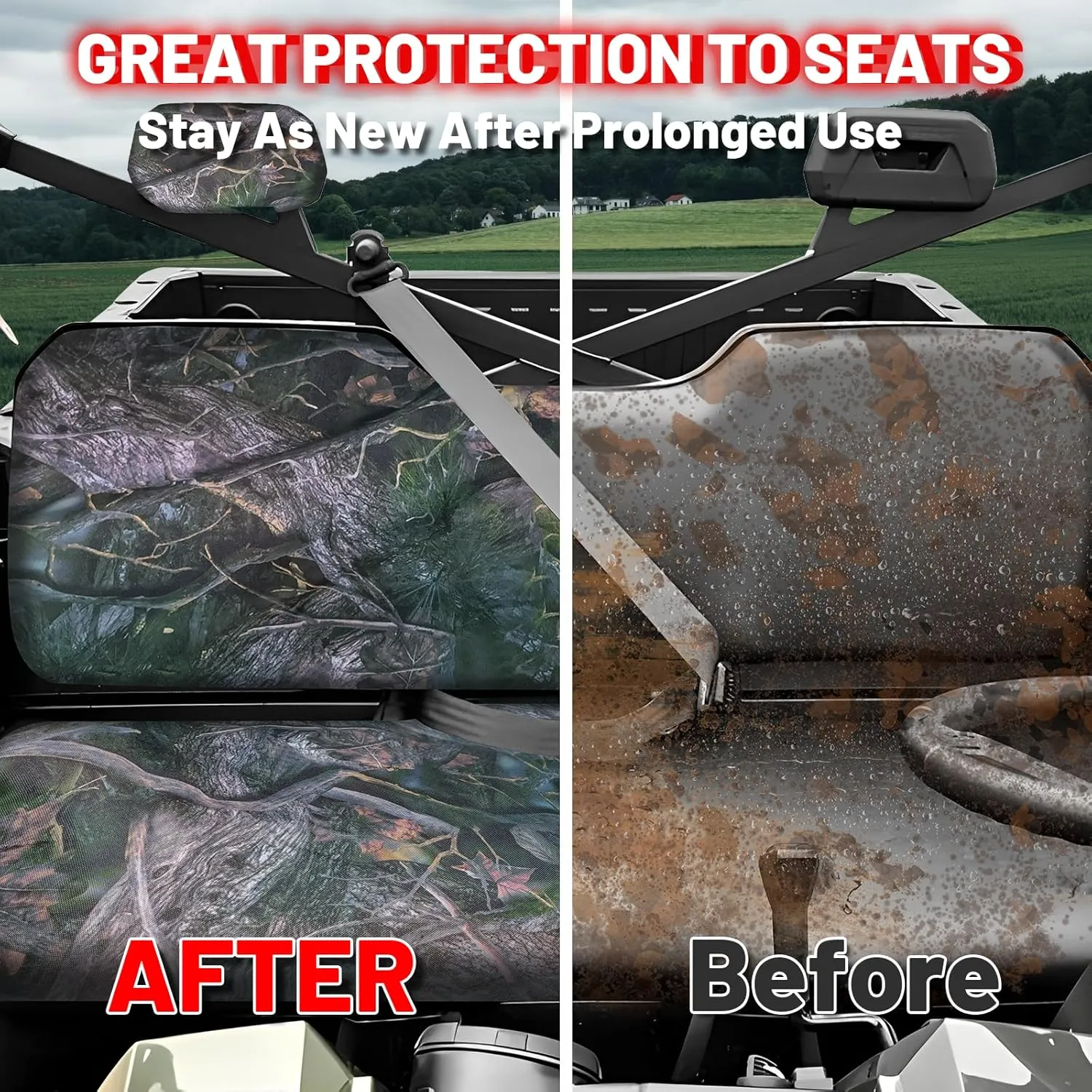 StarknightMT UTV Ranger Seat Covers, Camo Waterproof Seat Covers Compatible with Polaris Ranger 500 700 800 2002-2008 Durable 1680D Fabric with Waterproof PU Coating Camo Bench Seat Cover