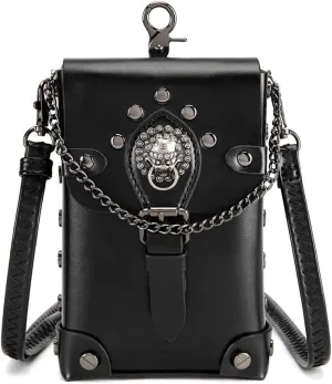 Steampunk Clock Design Crossbody Bag, Black Leather Mini Purse with Metal Gears, Gothic Chain Accent