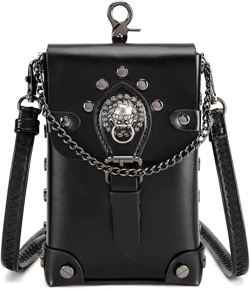 Steampunk Clock Design Crossbody Bag, Black Leather Mini Purse with Metal Gears, Gothic Chain Accent