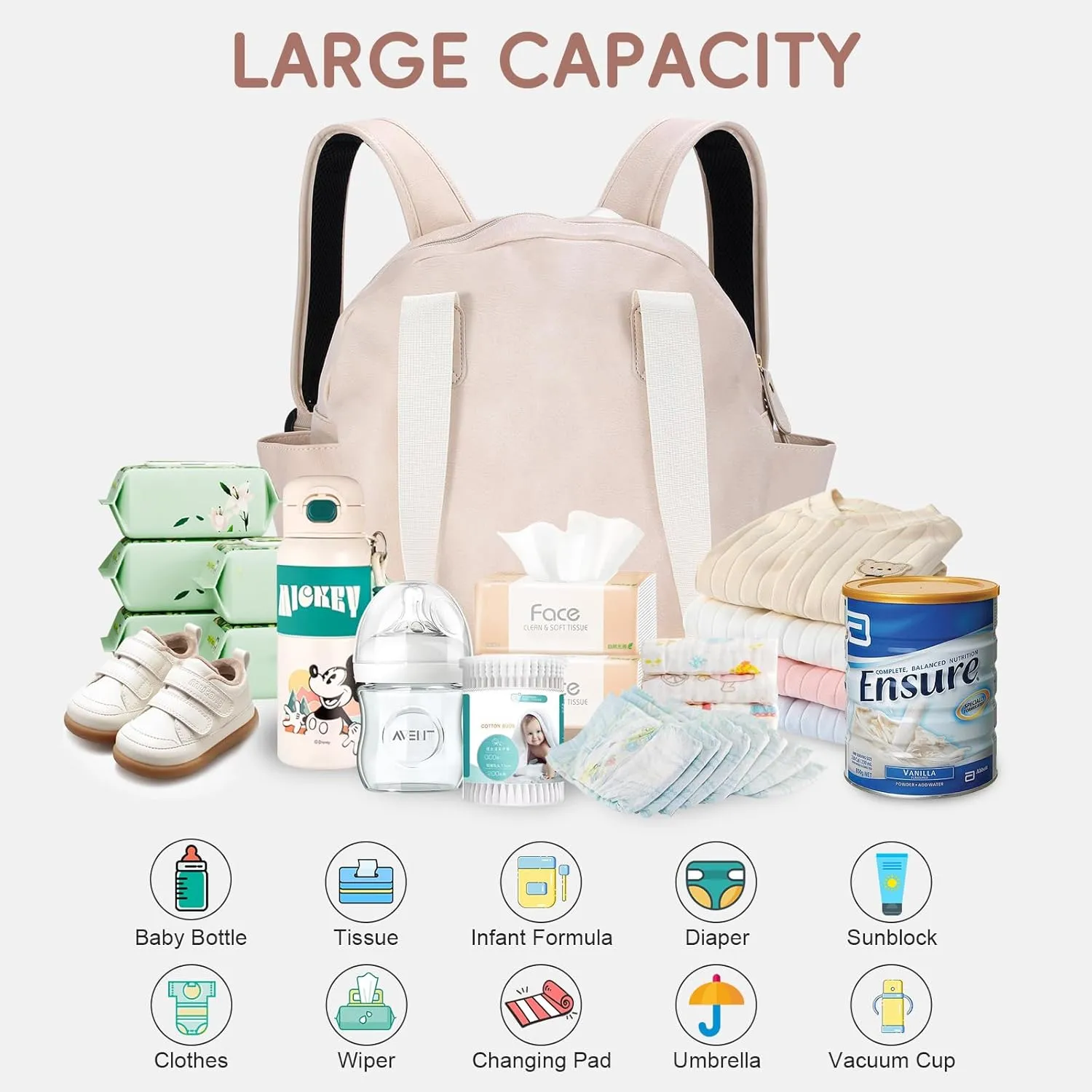 Stylish Diaper Bag Backpack, Leather Large Capacity Travel Baby Diaper Bag Tote for Mom Dad, Handbag shoulder bag, Waterproof, Lightweight White