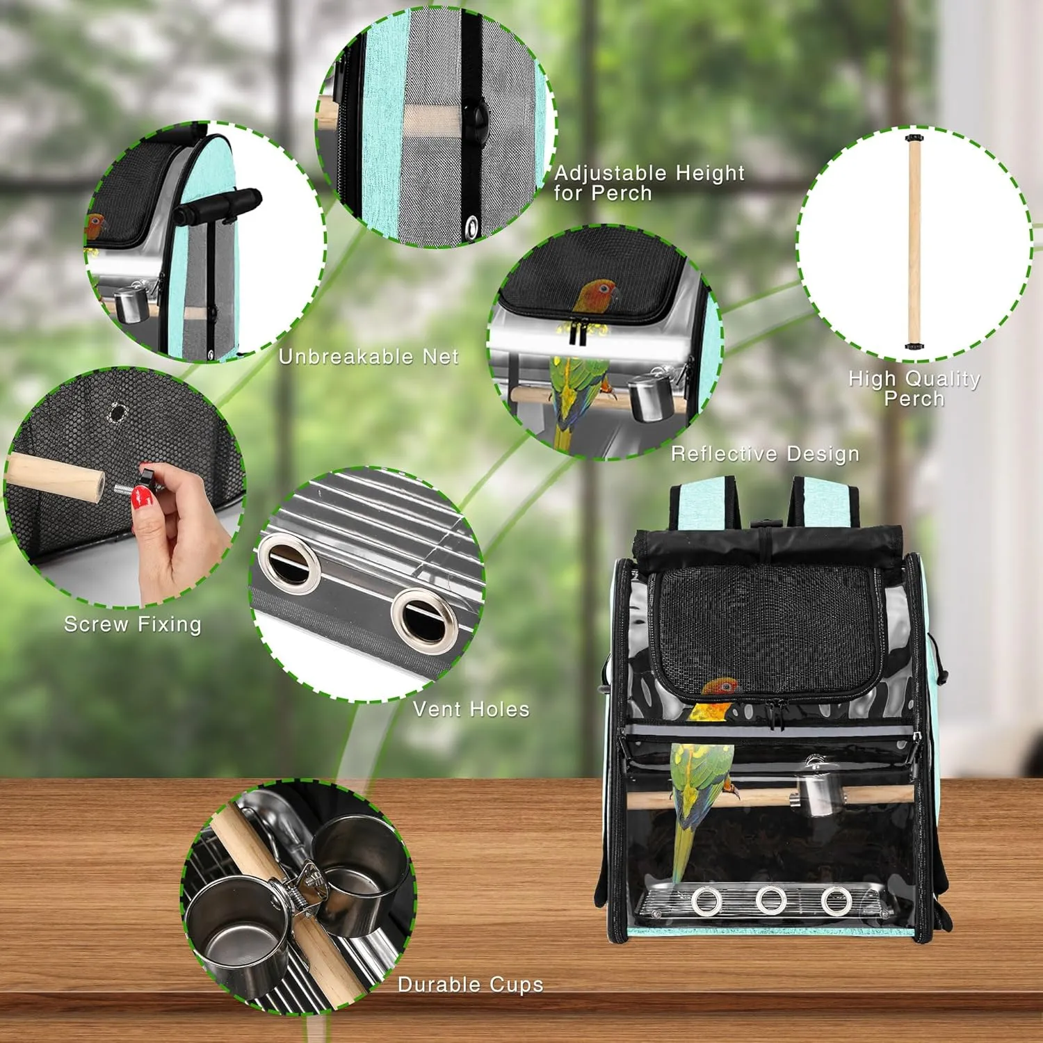 SUERTREE Bird Carrier Bag with Indestructible Stainless Steel Mesh, Bird Travel Cage with Stand, Easy to Clean Backpack for Parrot, Portable Bird Travel Bag, Green