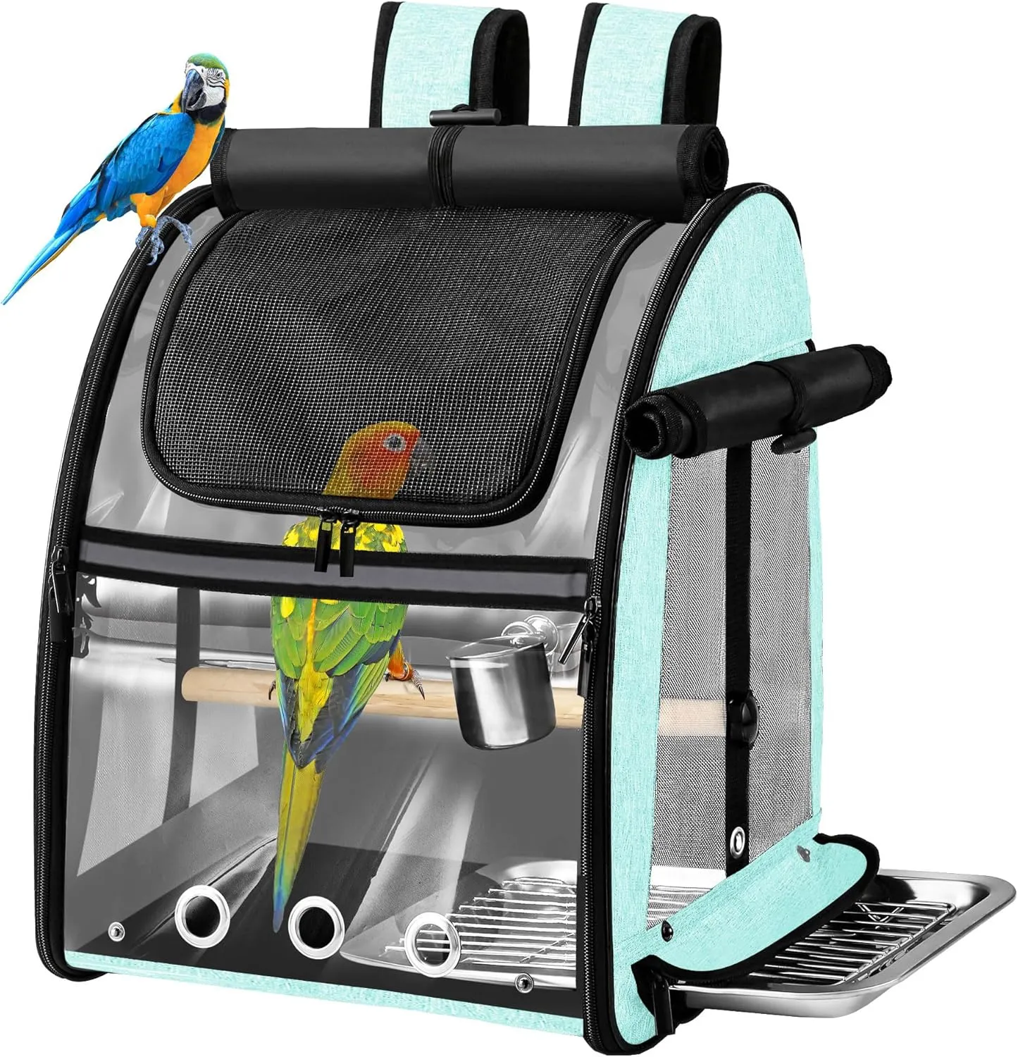 SUERTREE Bird Carrier Bag with Indestructible Stainless Steel Mesh, Bird Travel Cage with Stand, Easy to Clean Backpack for Parrot, Portable Bird Travel Bag, Green