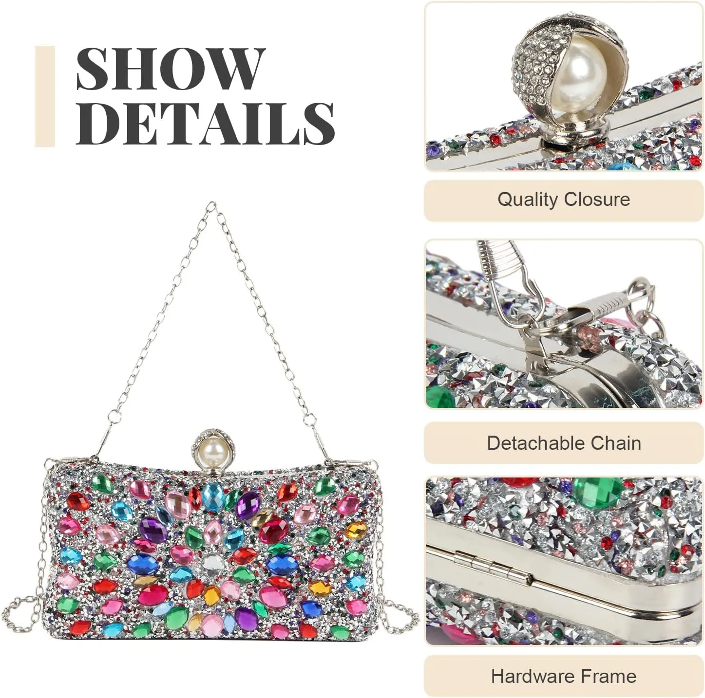 SUKUTU Women Rhinestone Evening Bag MultiColored Dazzling Crystal Clutch Bag Party Bridal Wedding Cocktail Handbag