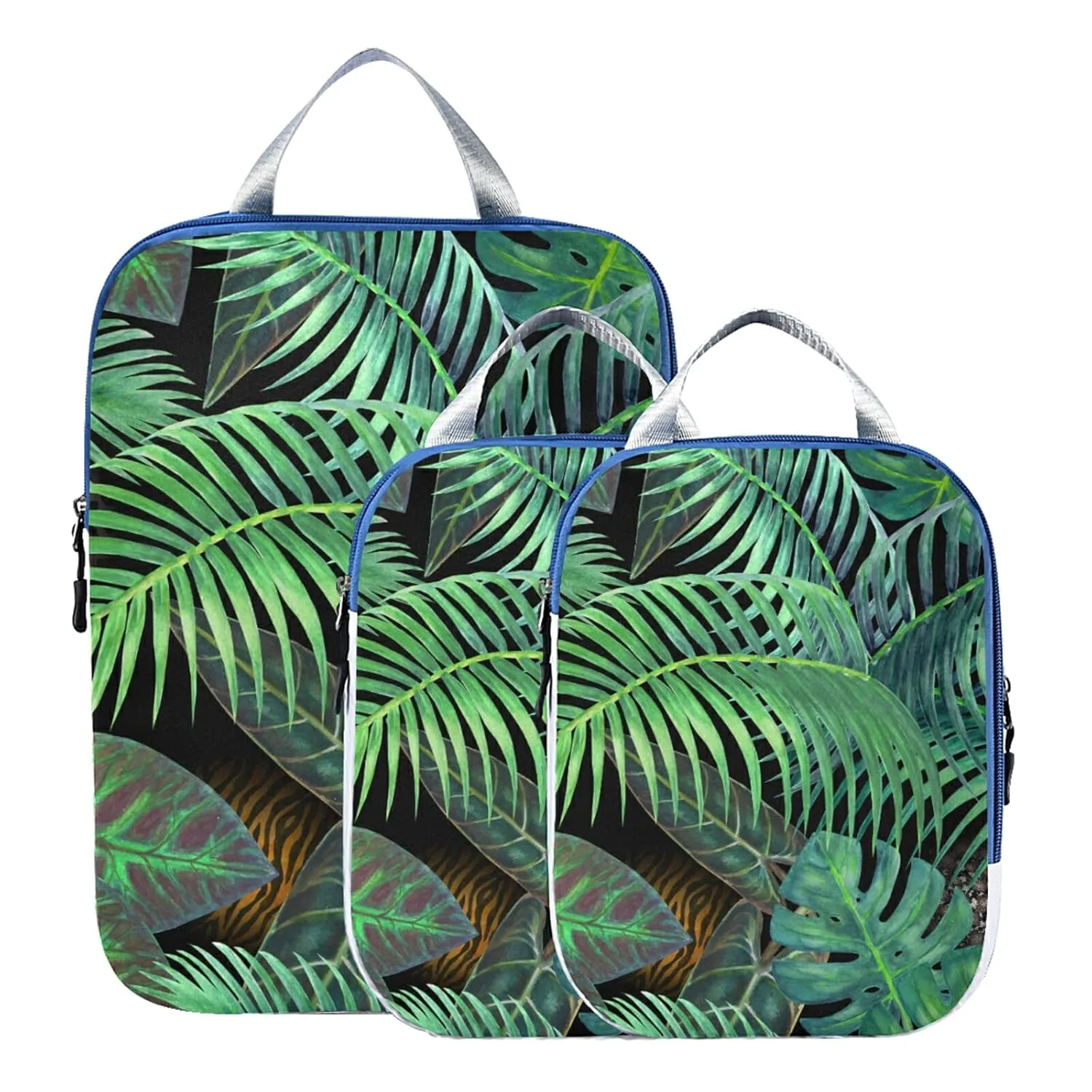 Summer Seamless Green Tropical Plants Palm Tree Leaves on Black 3 Piece set Cubes Expandable Adjustable Luggage Packing Bags, Ultralight Organizer Accessories Travel Suitcase Compressible Bags