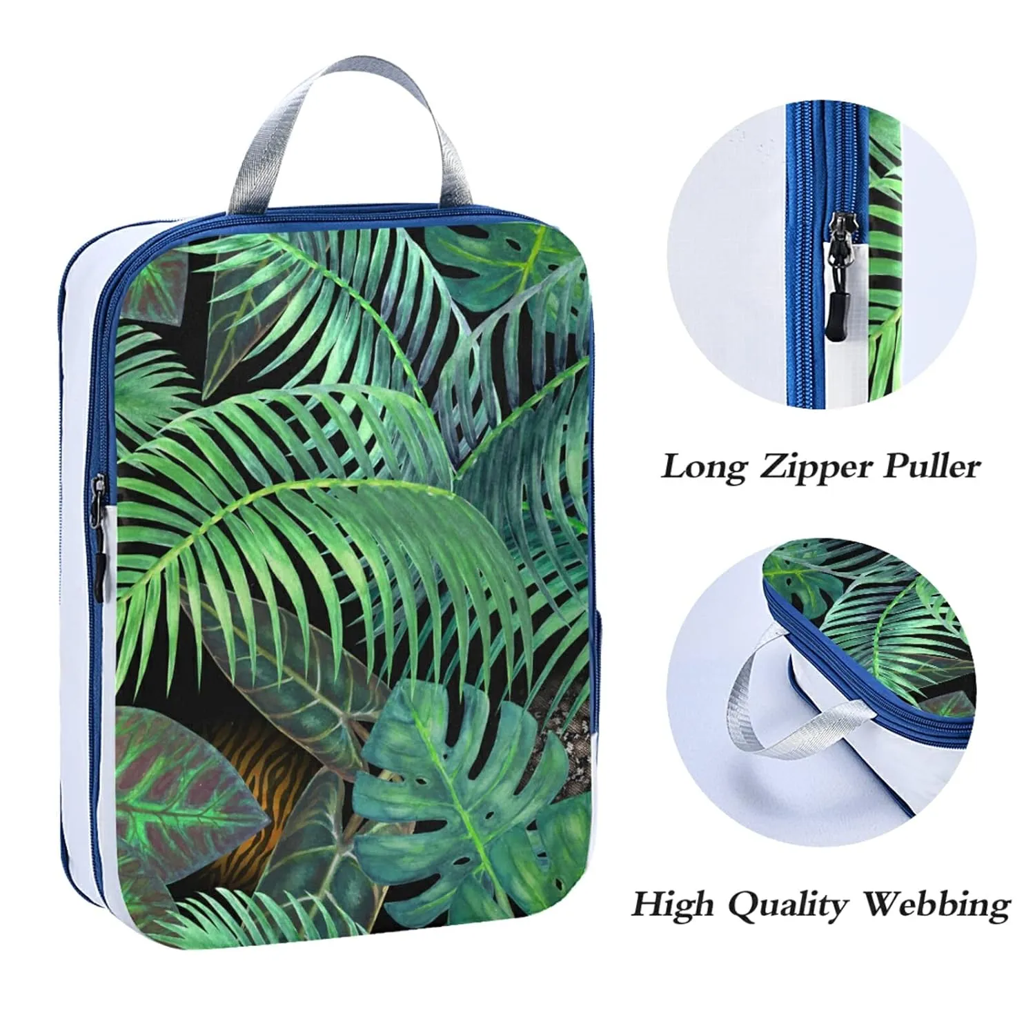Summer Seamless Green Tropical Plants Palm Tree Leaves on Black 3 Piece set Cubes Expandable Adjustable Luggage Packing Bags, Ultralight Organizer Accessories Travel Suitcase Compressible Bags