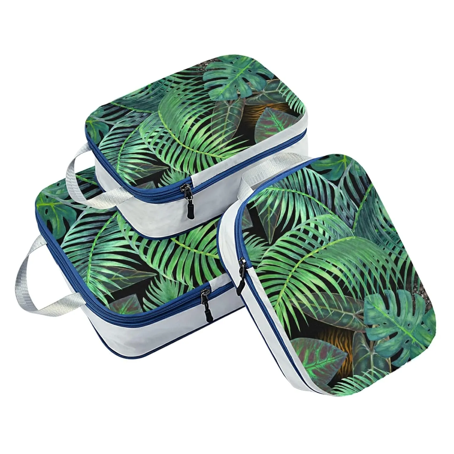 Summer Seamless Green Tropical Plants Palm Tree Leaves on Black 3 Piece set Cubes Expandable Adjustable Luggage Packing Bags, Ultralight Organizer Accessories Travel Suitcase Compressible Bags