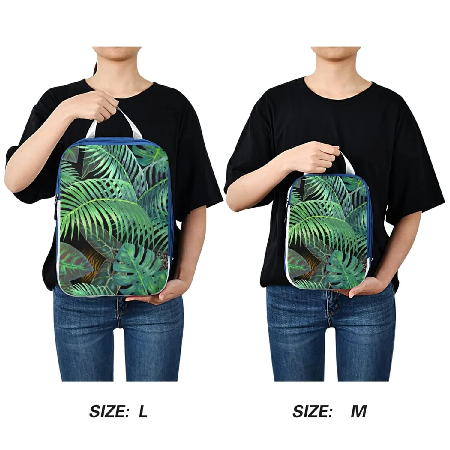 Summer Seamless Green Tropical Plants Palm Tree Leaves on Black 3 Piece set Cubes Expandable Adjustable Luggage Packing Bags, Ultralight Organizer Accessories Travel Suitcase Compressible Bags