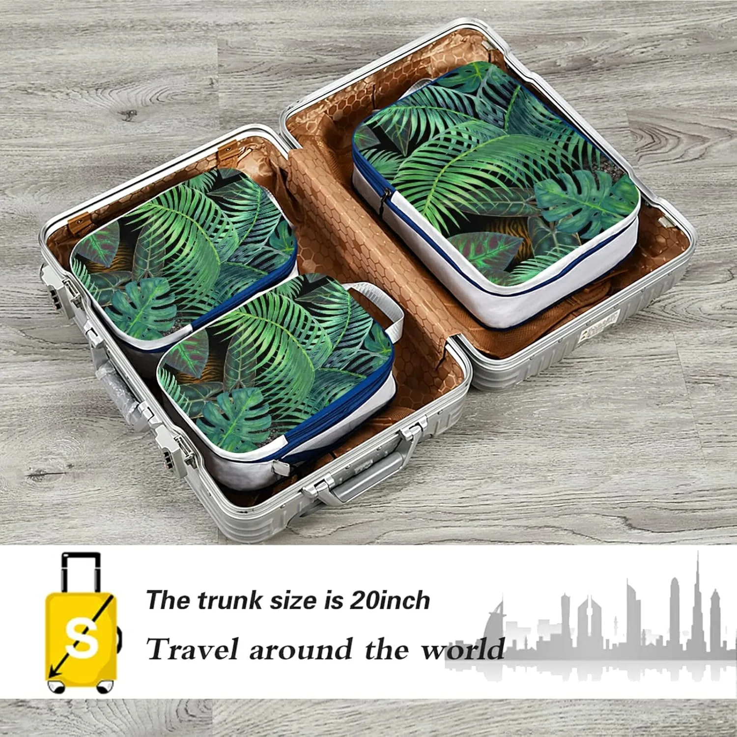 Summer Seamless Green Tropical Plants Palm Tree Leaves on Black 3 Piece set Cubes Expandable Adjustable Luggage Packing Bags, Ultralight Organizer Accessories Travel Suitcase Compressible Bags