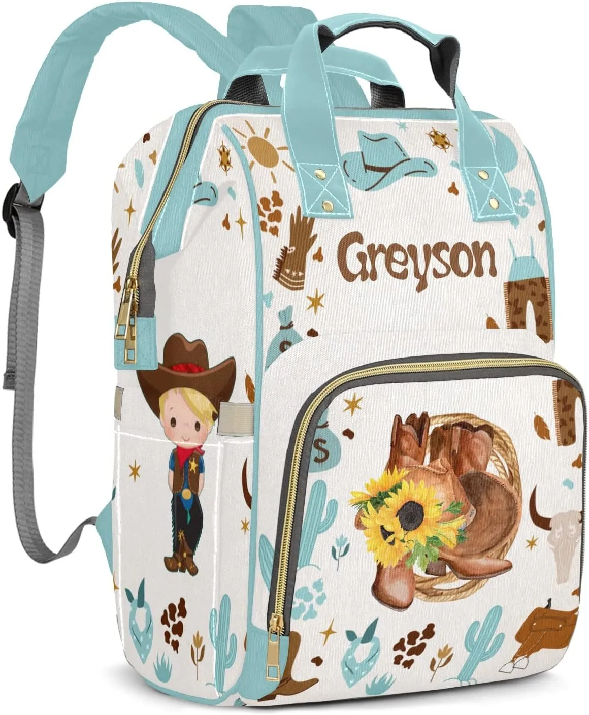 Sunflowers Cowboy Hat Personalized Large Capacity Diaper Bags,Custom Name Backpack Casual Daypack Bag Nappy Bag Gifts