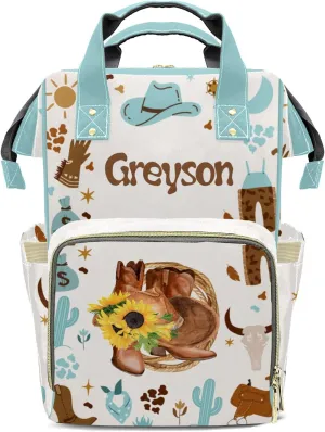 Sunflowers Cowboy Hat Personalized Large Capacity Diaper Bags,Custom Name Backpack Casual Daypack Bag Nappy Bag Gifts