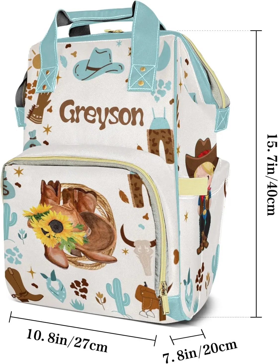 Sunflowers Cowboy Hat Personalized Large Capacity Diaper Bags,Custom Name Backpack Casual Daypack Bag Nappy Bag Gifts