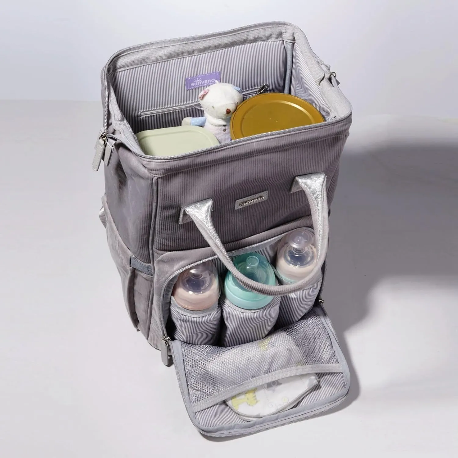 SUNVENO Velvet Stitching Diaper Bag Backpack Large Capacity Tote Shoulder Nappy Bag Organizer for Baby Care with Insulated Pockets,Waterproof Fabric, Grey